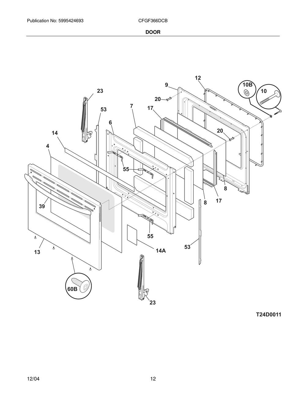 Door Diagram and Parts List for CFGF366DCB  Frigidaire Range