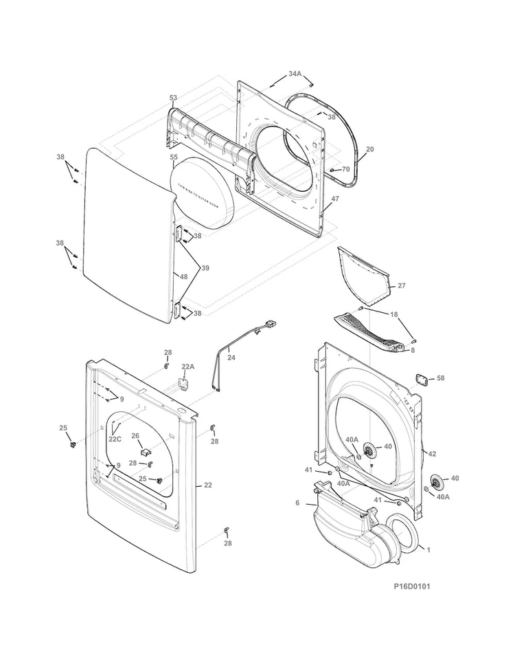 Front Panel/lint Filter Diagram and Parts List for FFRG1001PW1  Frigidaire Dryer