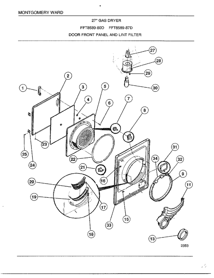 Door Front Panel And Lint Filter Diagram and Parts List for 8589-80D  Frigidaire Dryer