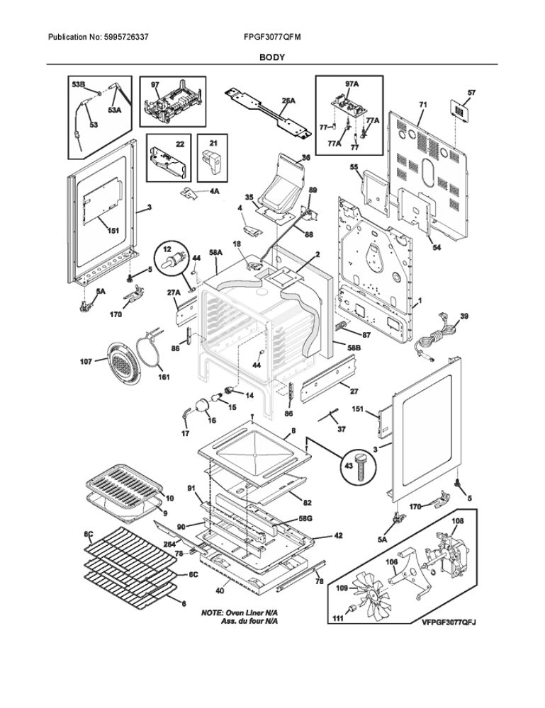 Body Diagram and Parts List for FPGF3077QFM  Frigidaire Range