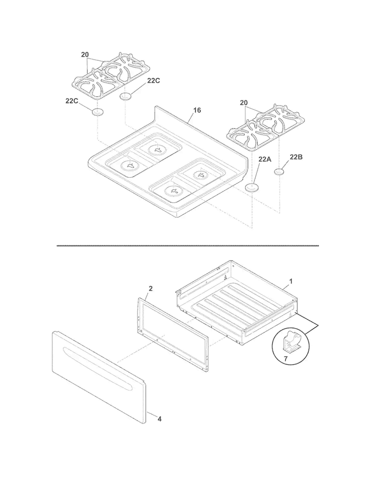 Top/drawer Diagram and Parts List for FFGF3023LWD  Frigidaire Range