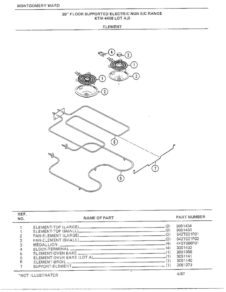 30" Floor Supported Elec Element Diagram and Parts List for 4458B  Frigidaire Range