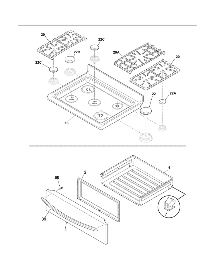 Top/drawer Diagram and Parts List for FGGF3041KFM  Frigidaire Range
