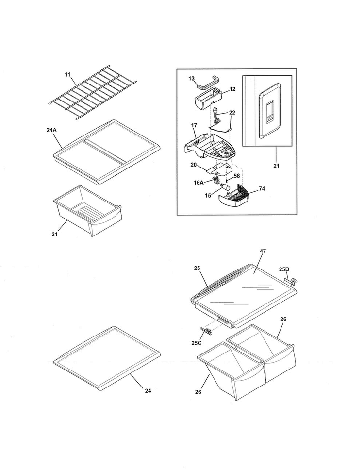 Shelves Diagram and Parts List for 25360603413  Kenmore Refrigerator