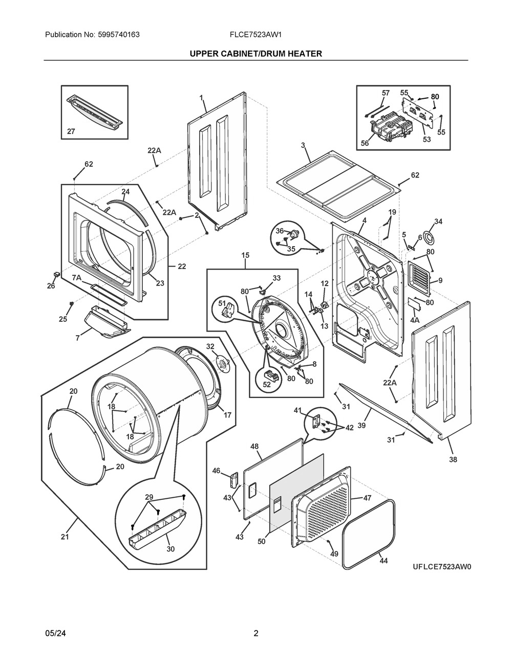 Upper Cabinet/Drum Heater Diagram and Parts List for FLCE7523AW1  Frigidaire Washer Dryer Combo