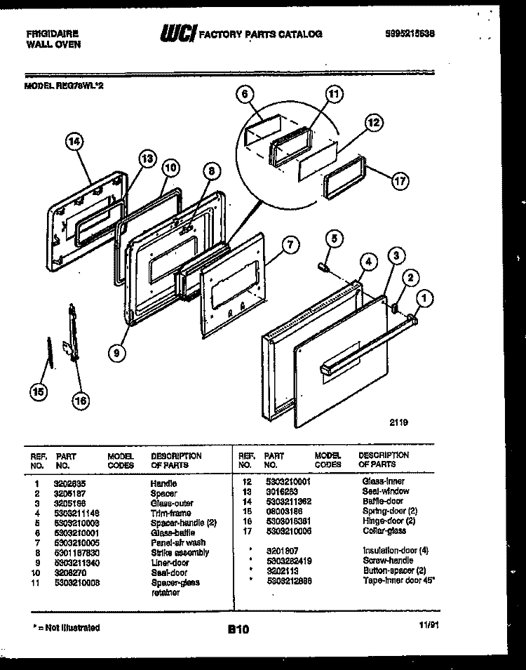 DOOR PARTS Diagram and Parts List for REG78WL2  Frigidaire Wall Oven