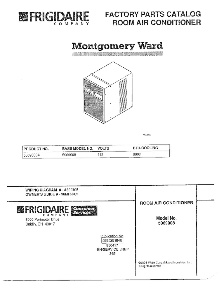 Room Air Conditioner Diagram and Parts List for 5069008A  Frigidaire Air Conditioner