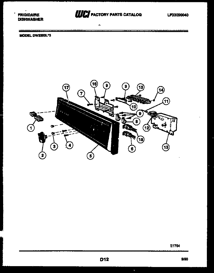 CONSOLE AND CONTROL PARTS Diagram and Parts List for DW3350LW3  Frigidaire Dishwasher