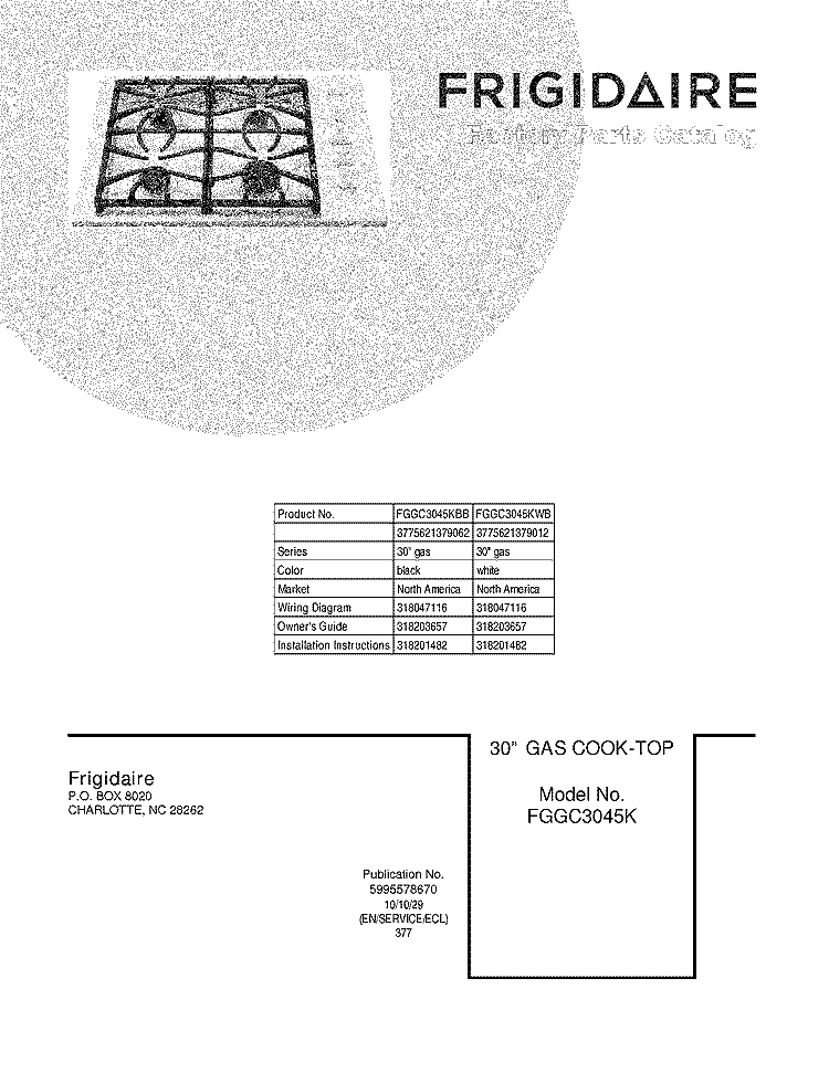 COVER Diagram and Parts List for FGGC3045KBB  Frigidaire Cooktop