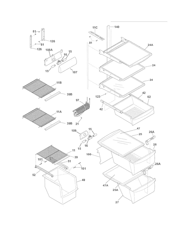 Shelves Diagram and Parts List for LGUS2642LP2  Frigidaire Refrigerator