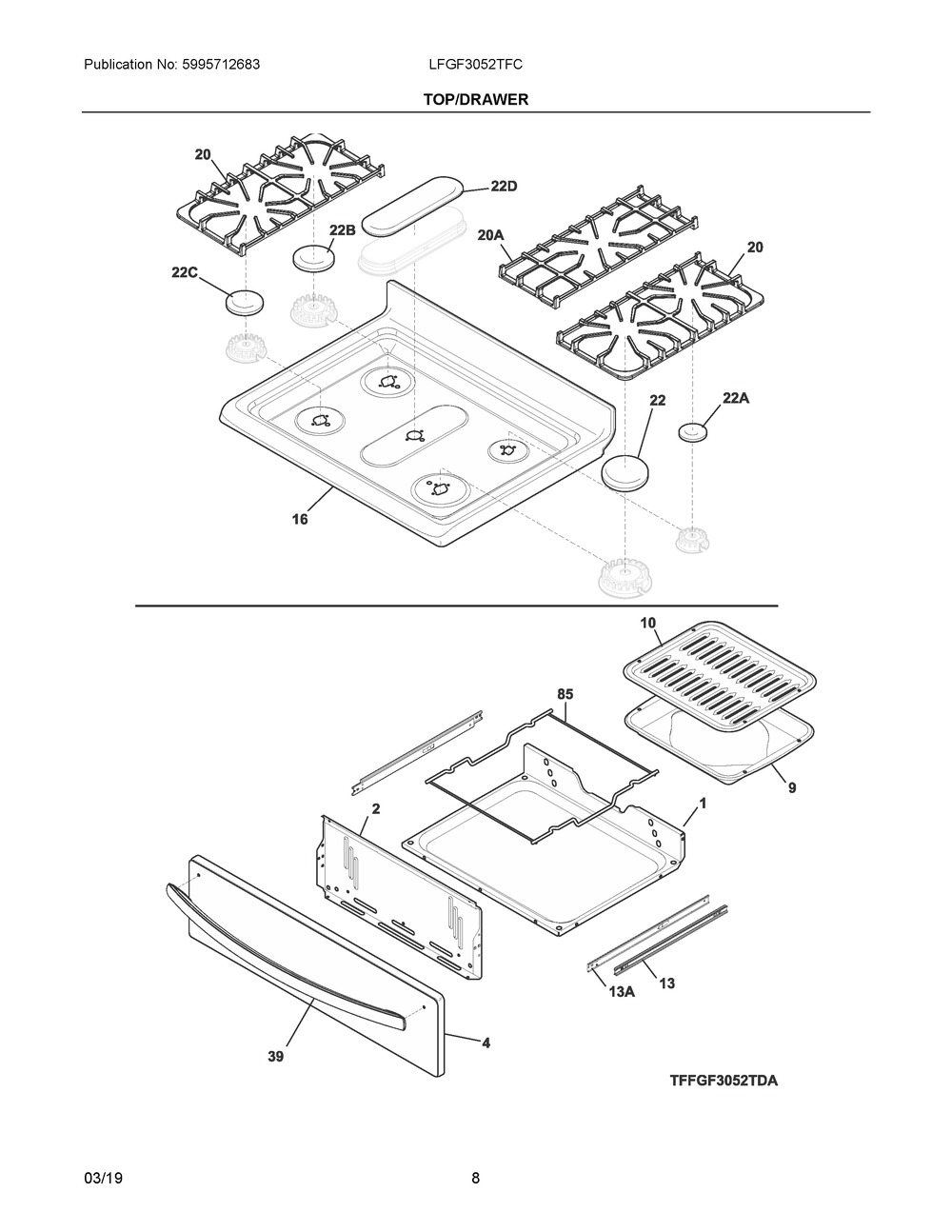 Top/drawer Diagram and Parts List for LFGF3052TFC  Frigidaire Range