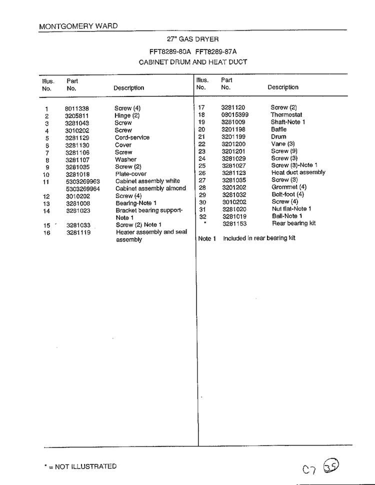 Cabinet Drum/heat Duct Page 2 Diagram and Parts List for 8289-80A  Frigidaire Dryer