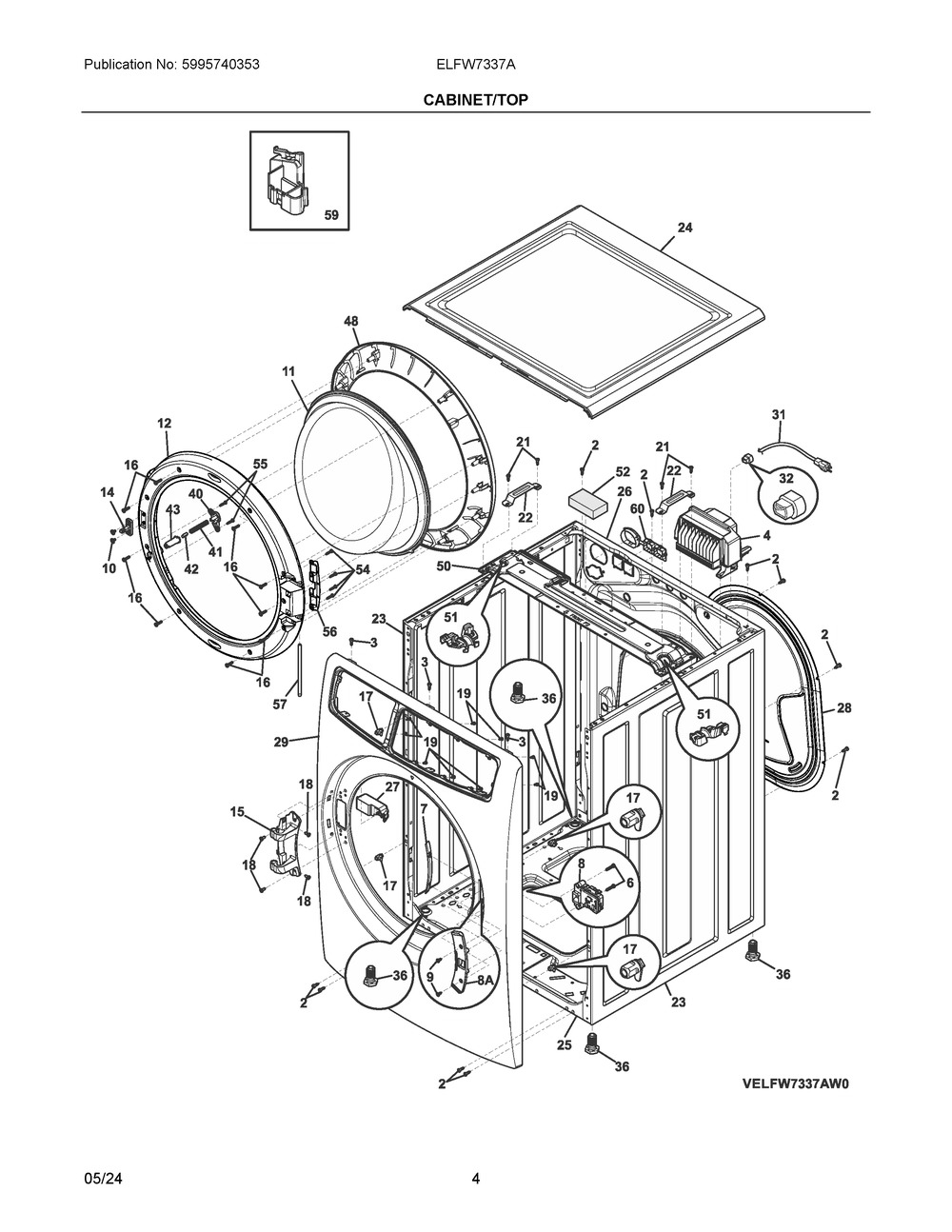 Cabinet/Top Diagram and Parts List for ELFW7337AW1  Frigidaire Washer