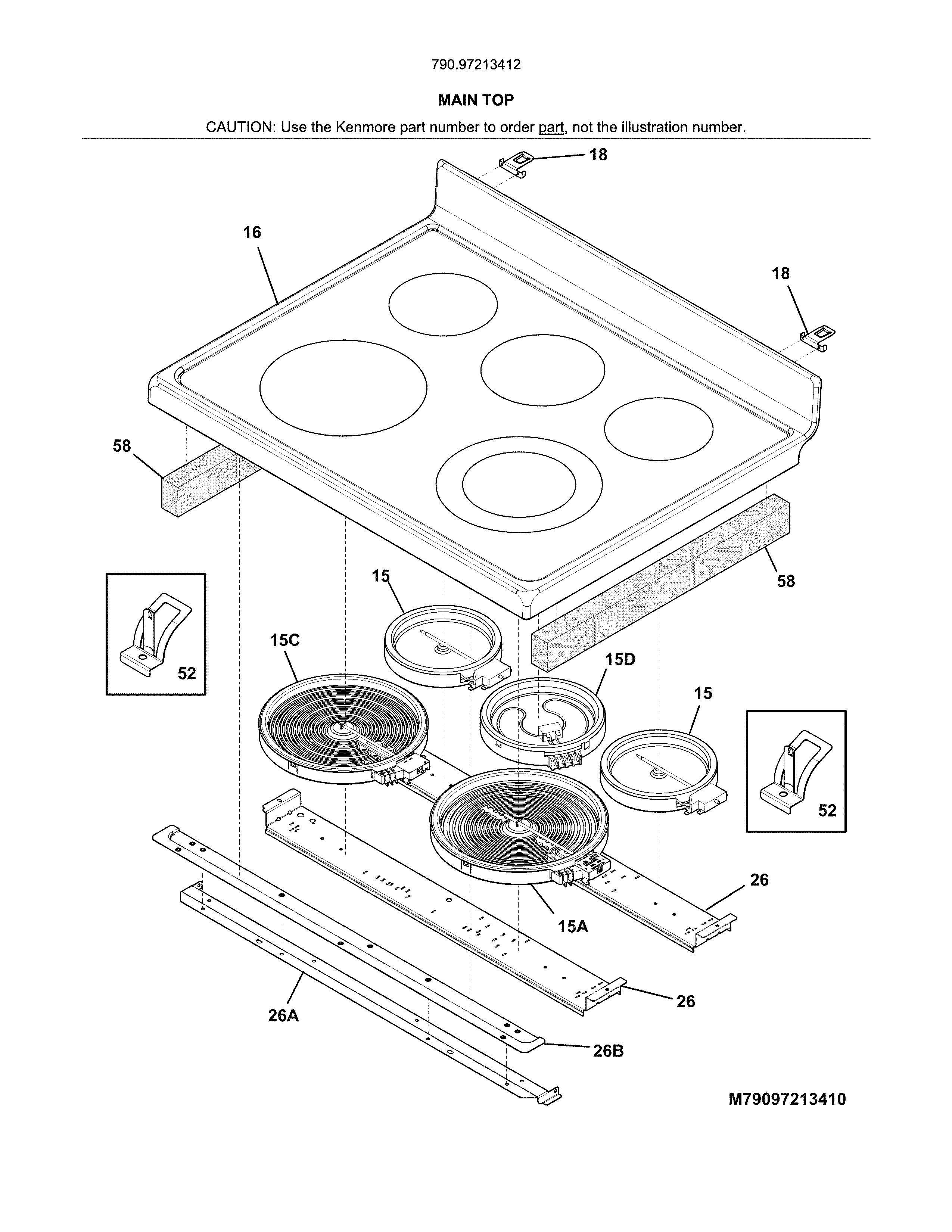 Main Top Diagram and Parts List for 79097213412  Kenmore Range