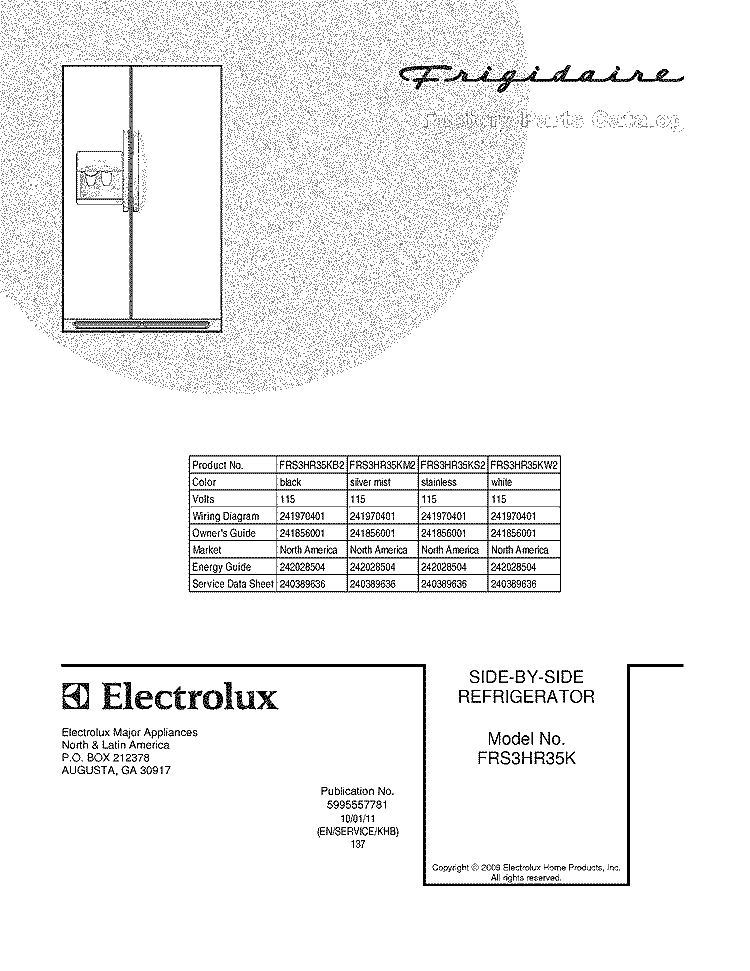 COVER Diagram and Parts List for FRS3HR35KW2  Frigidaire Refrigerator
