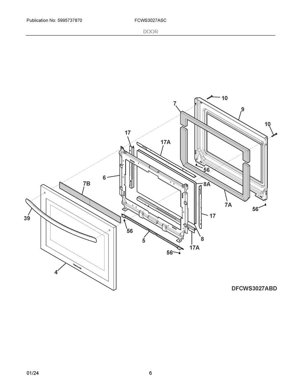 Door Diagram and Parts List for FCWS3027ASC  Frigidaire Wall Oven