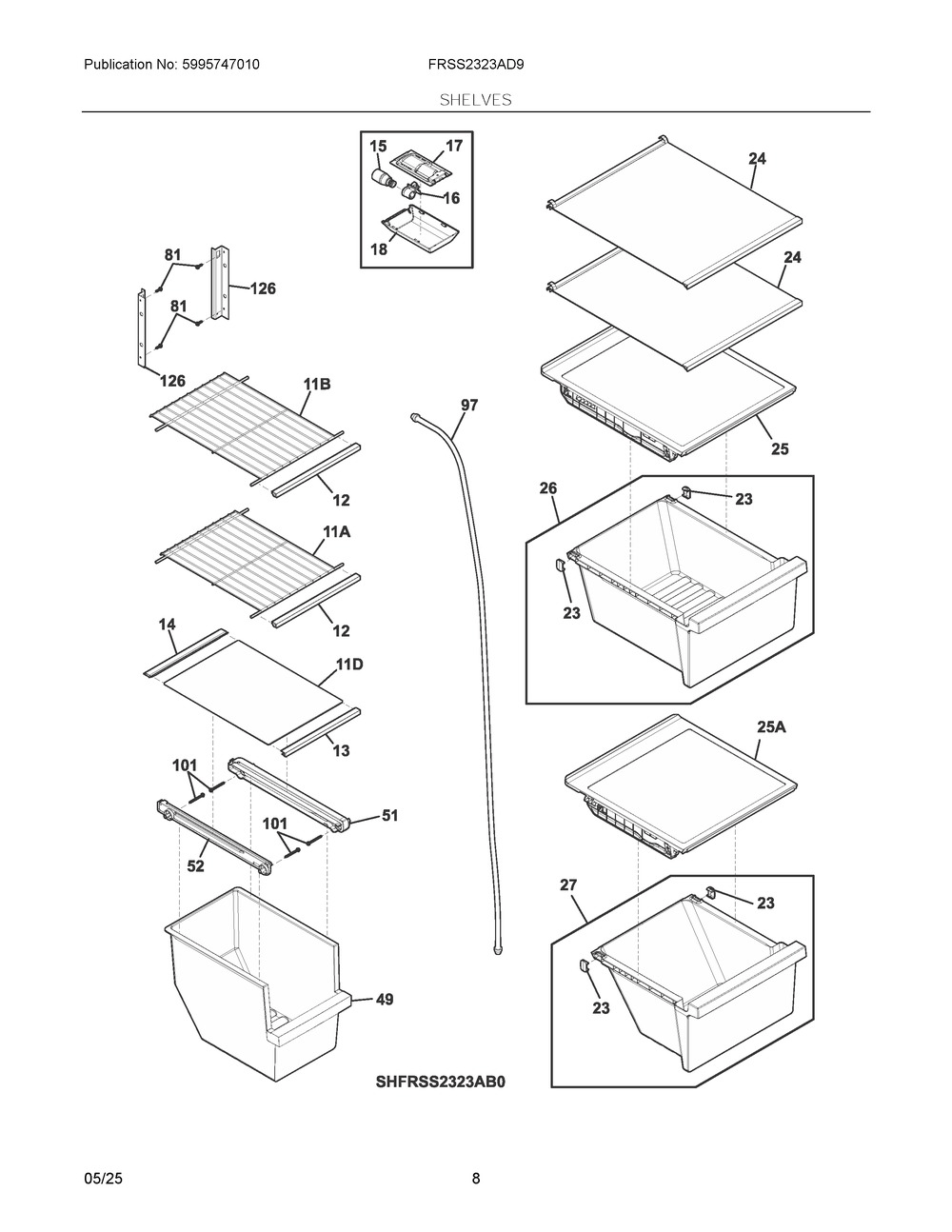 Shelves Diagram and Parts List for FRSS2323AD9  Frigidaire Refrigerator