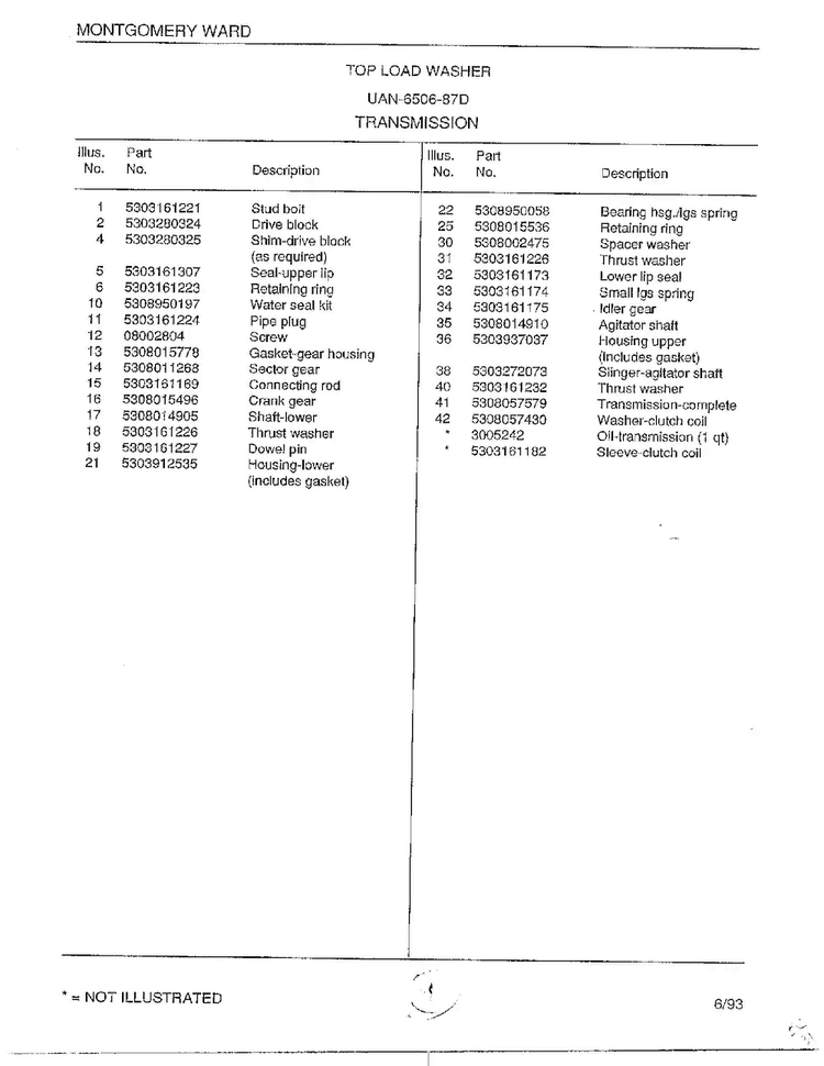 Transmission Page 2 Diagram and Parts List for 6506-87D  Frigidaire Washer
