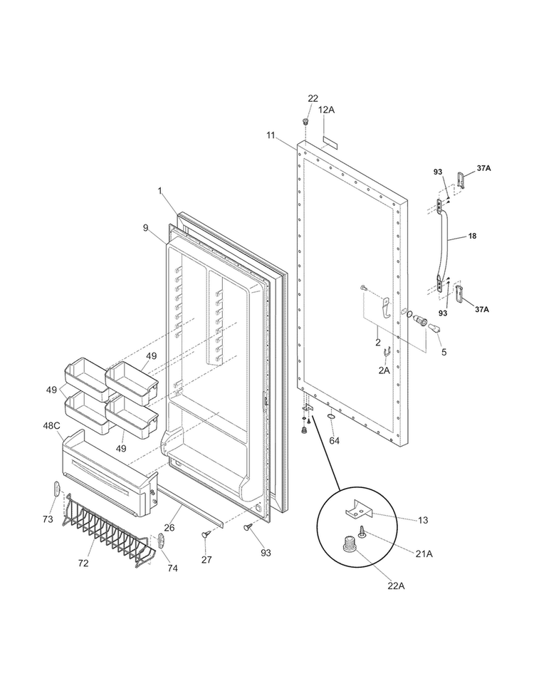 Door Diagram and Parts List for FFU17M7HWM  Frigidaire Freezer