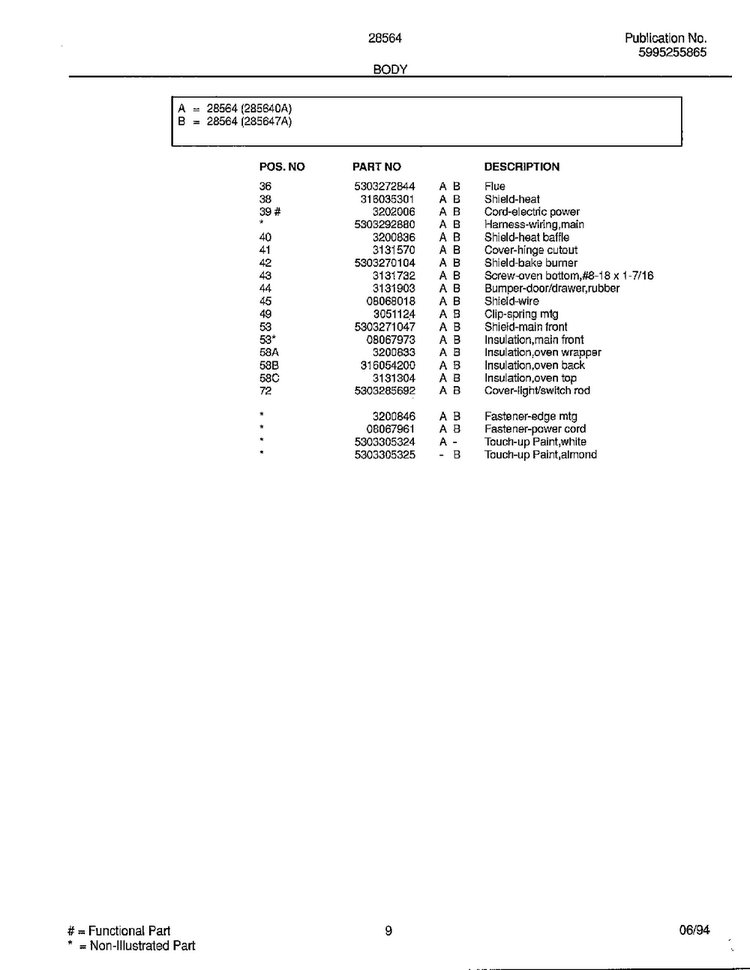 Body Page 4 Diagram and Parts List for 285647A  Frigidaire Range