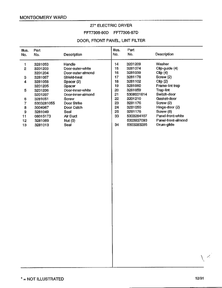 Door/front Panel/lint Filter Page 2 Diagram and Parts List for 7308-87D  Frigidaire Dryer