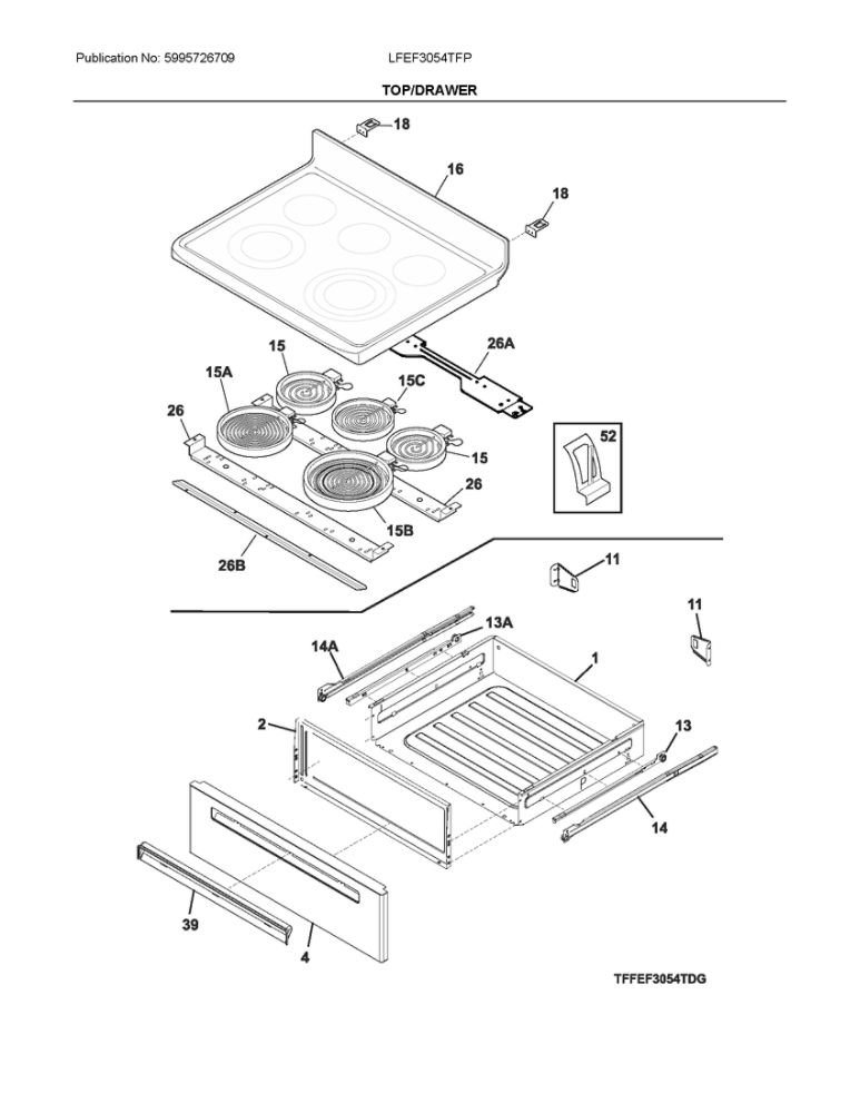 Top/Drawer Diagram and Parts List for LFEF3054TFP  Frigidaire Range