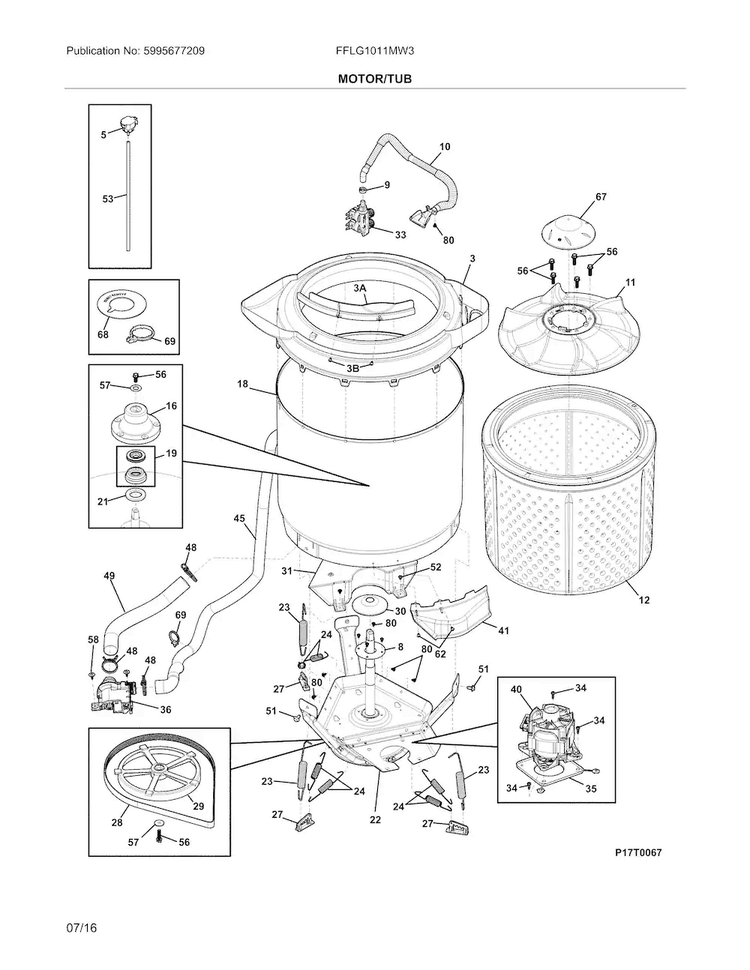 Motor/tub Diagram and Parts List for FFLG1011MW3  Frigidaire Washer Dryer Combo