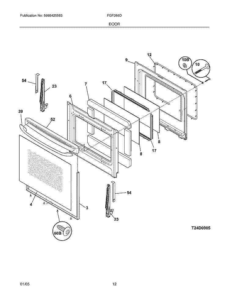 DOOR Diagram and Parts List for FGF366DSB  Frigidaire Range