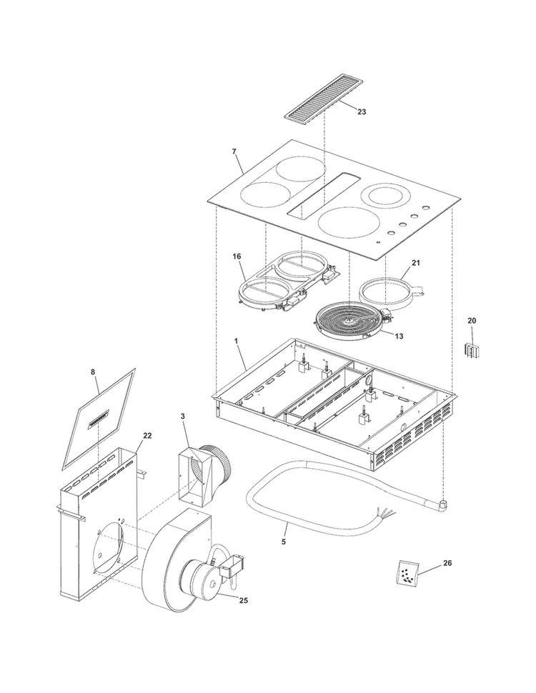Main Top/surface Units Diagram and Parts List for RC30DE60PB0  Uni Cooktop