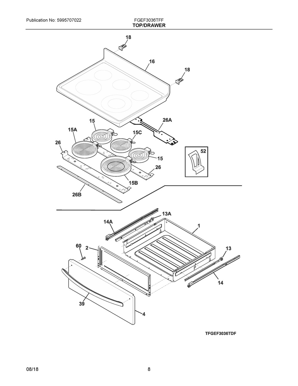 Top/drawer Diagram and Parts List for FGEF3036TFF  Frigidaire Range