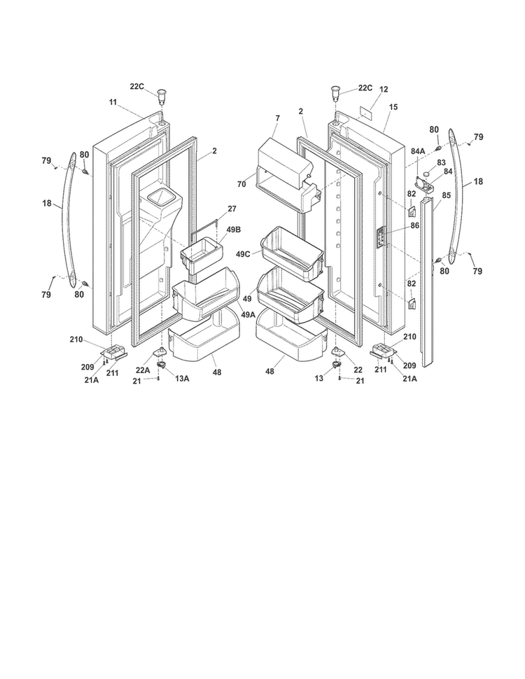 Fresh Food Doors Diagram and Parts List for FGHF2344MF6  Frigidaire Refrigerator