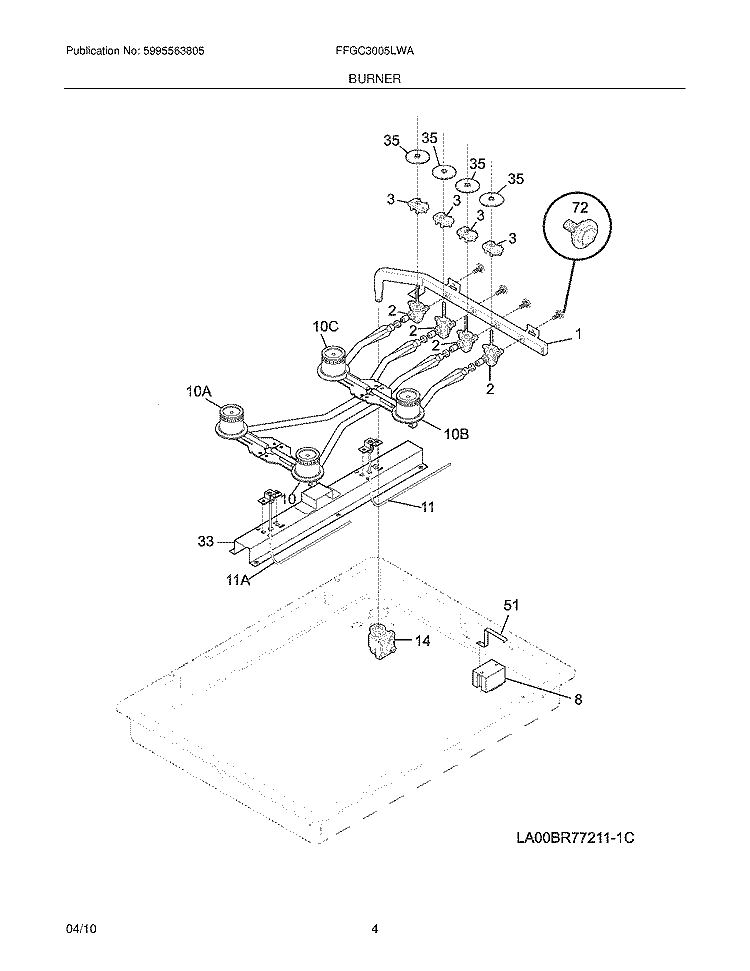 BURNER Diagram and Parts List for FFGC3005LWA  Frigidaire Cooktop