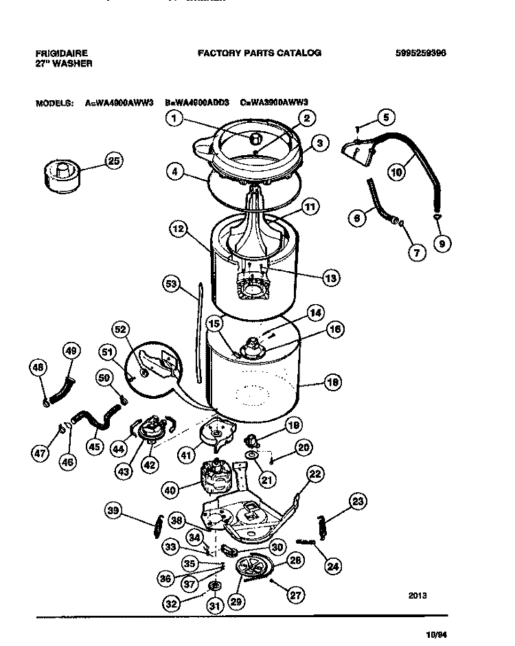TUBS, HOSES, MOTOR Diagram and Parts List for WA3900AWW3  Frigidaire Washer
