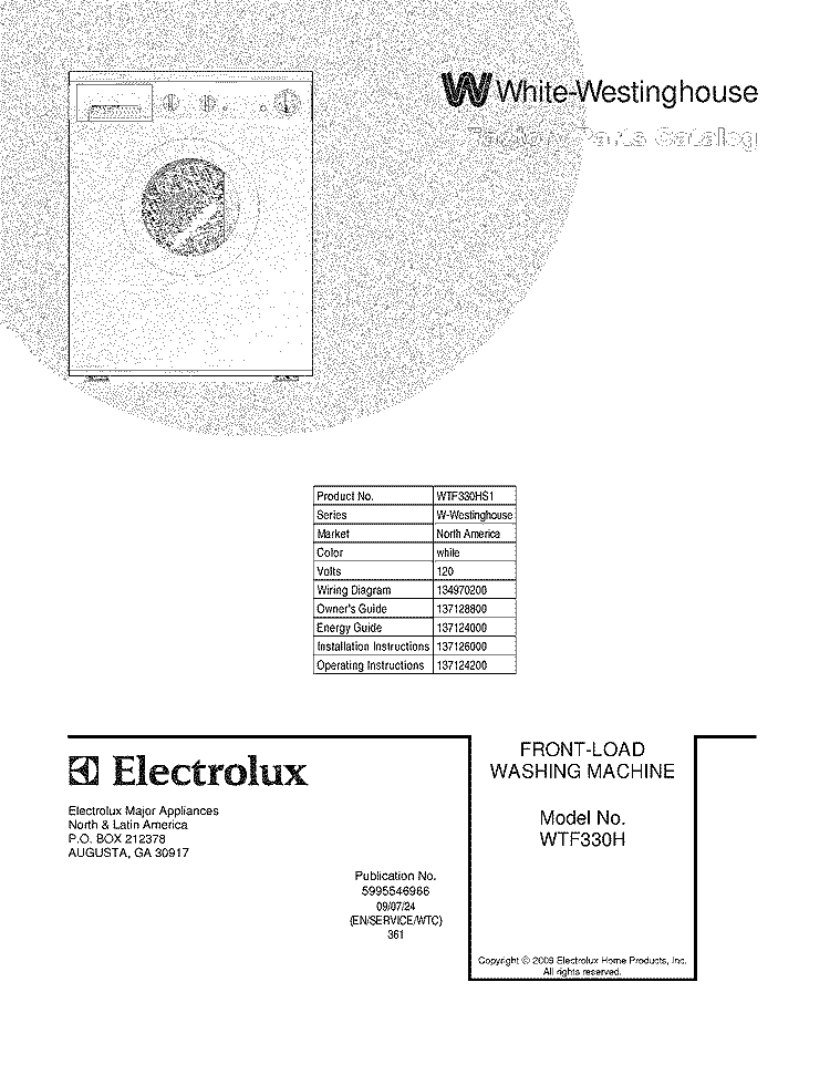 COVER Diagram and Parts List for WTF330HS1  Westinghouse Washer