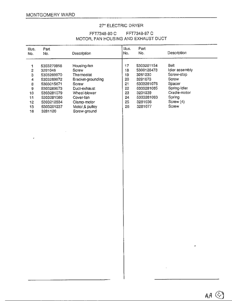 Motor/fan Housing/exhaust Duct Page 2 Diagram and Parts List for 7348-80C  Frigidaire Dryer