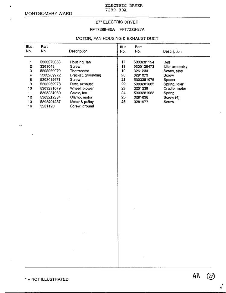 Motor, Fan Housing And Exhaust Duct Page 2 Diagram and Parts List for 7289-80A  Frigidaire Dryer
