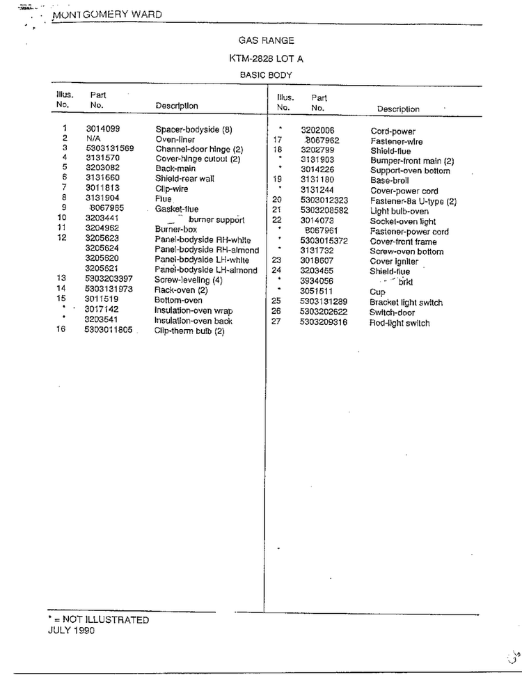 Basic Body Page 2 Diagram and Parts List for 2828A  Frigidaire Range