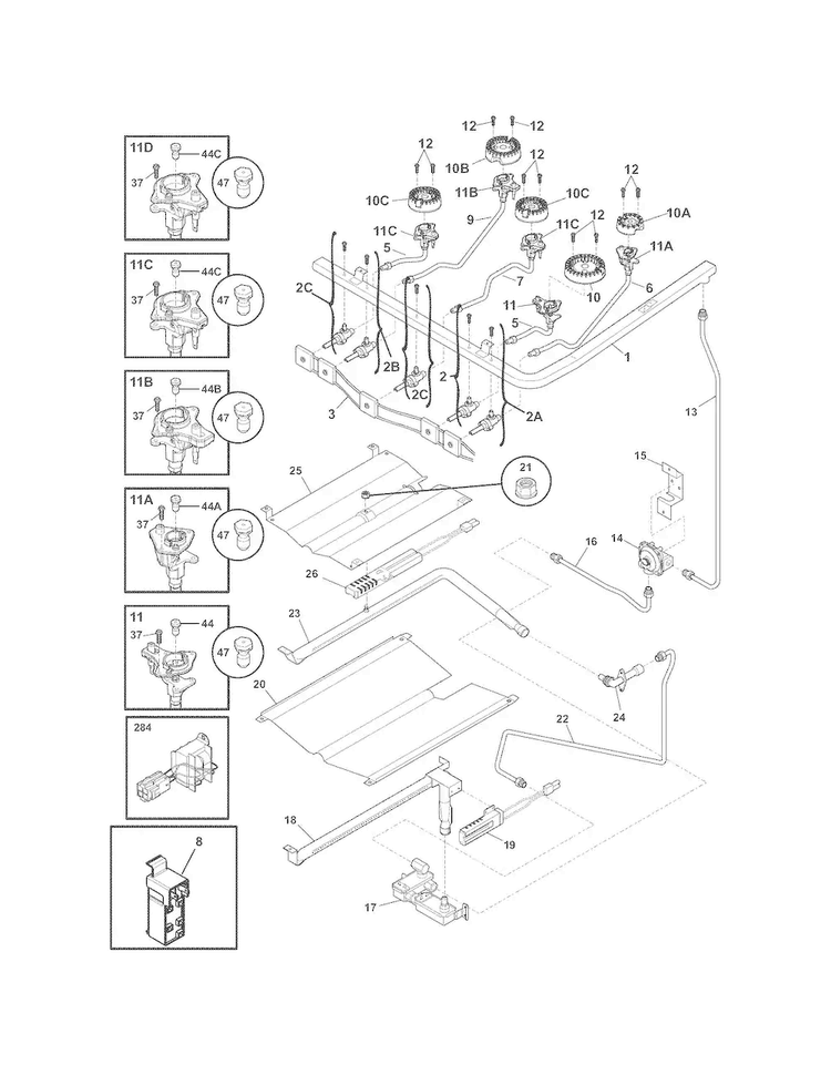 Burner Diagram and Parts List for EI30GF55GSK  Electrolux Range