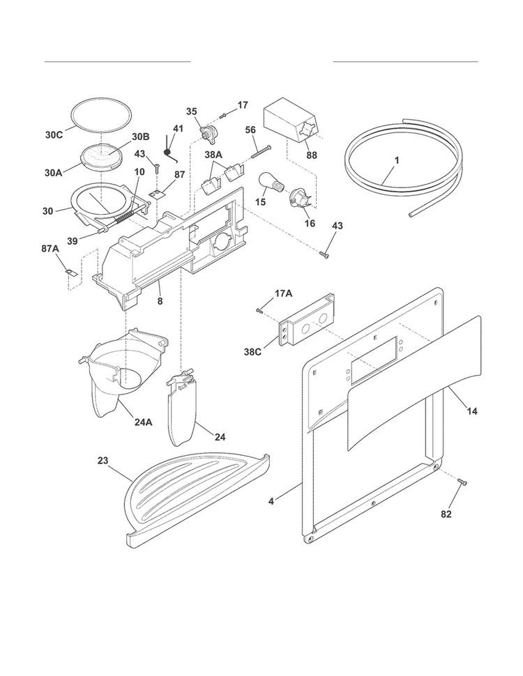 Ice & Water Dispenser Diagram and Parts List for FRS6HR45KS5  Frigidaire Refrigerator