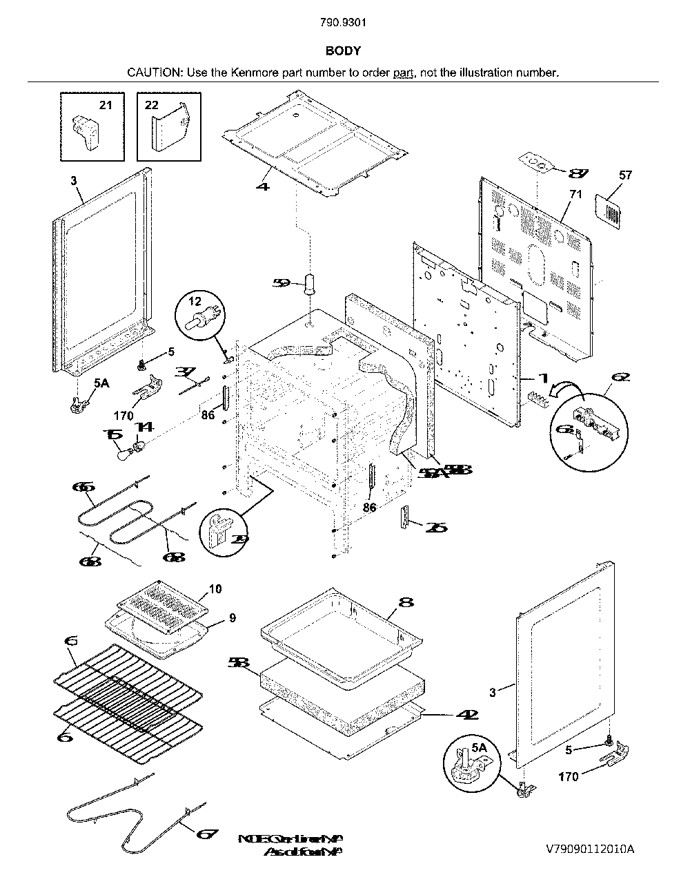 Body Diagram and Parts List for 79093012315  Kenmore Range