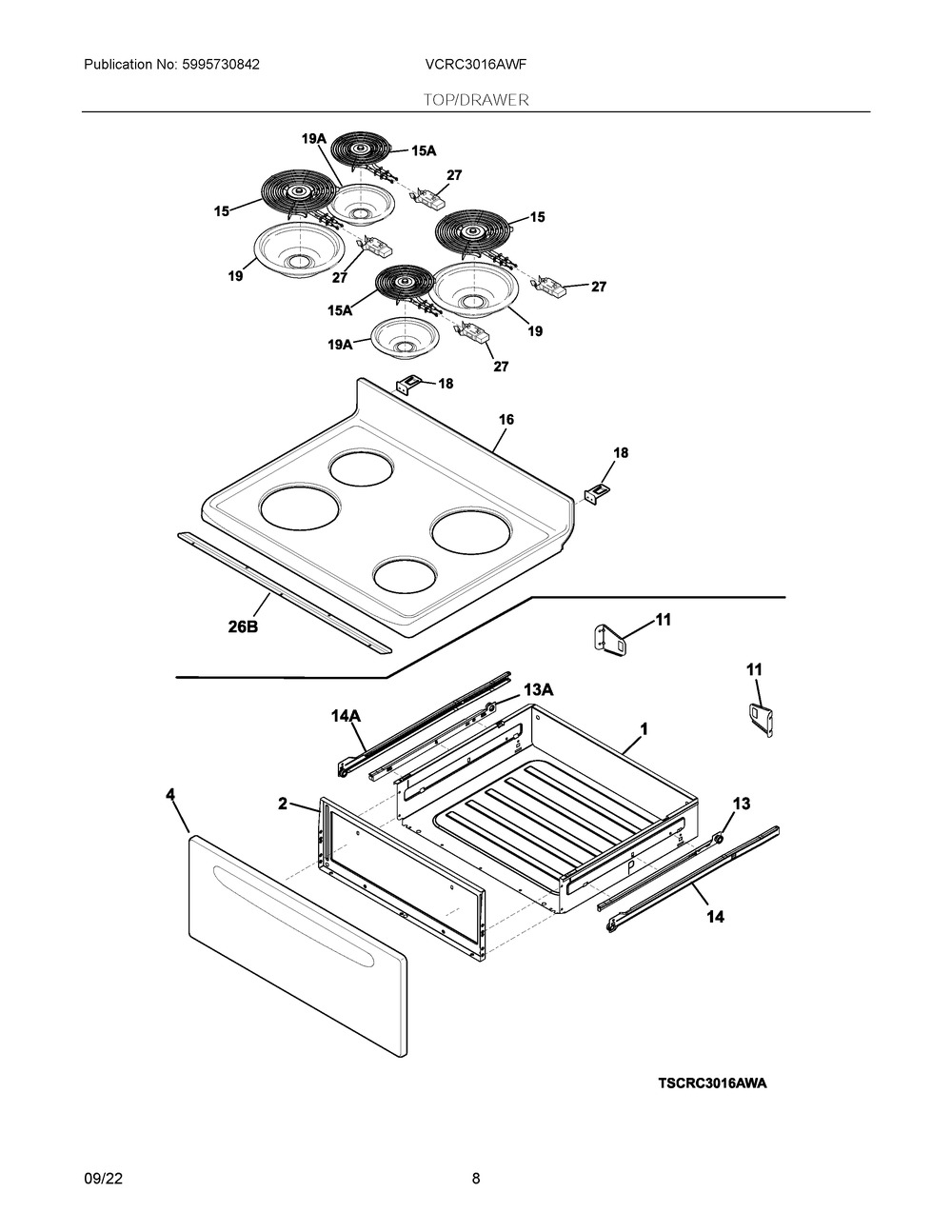 Top/Drawer Diagram and Parts List for VCRC3016AWF  Frigidaire Range