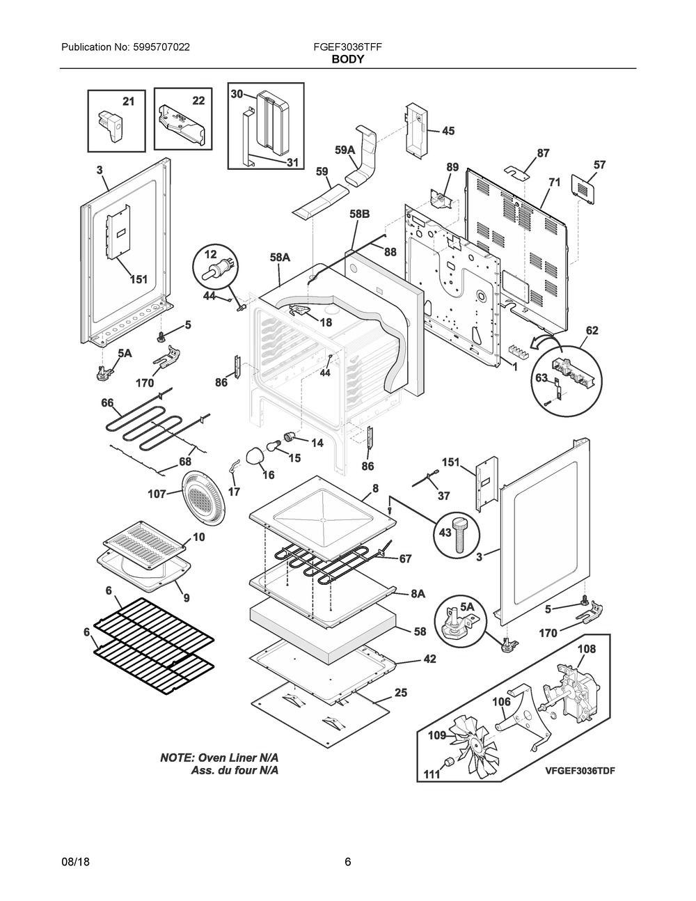 Body Diagram and Parts List for FGEF3036TFF  Frigidaire Range