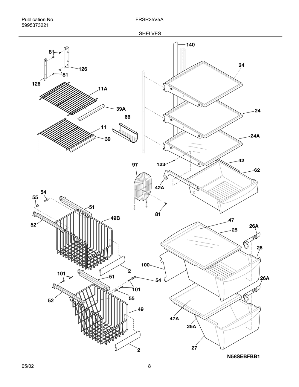 Shelves Diagram and Parts List for FRSR25V5AQ1  Frigidaire Refrigerator
