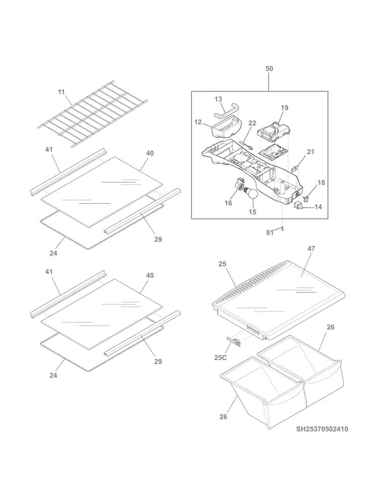 Shelves Diagram and Parts List for 25360089412  Kenmore Refrigerator