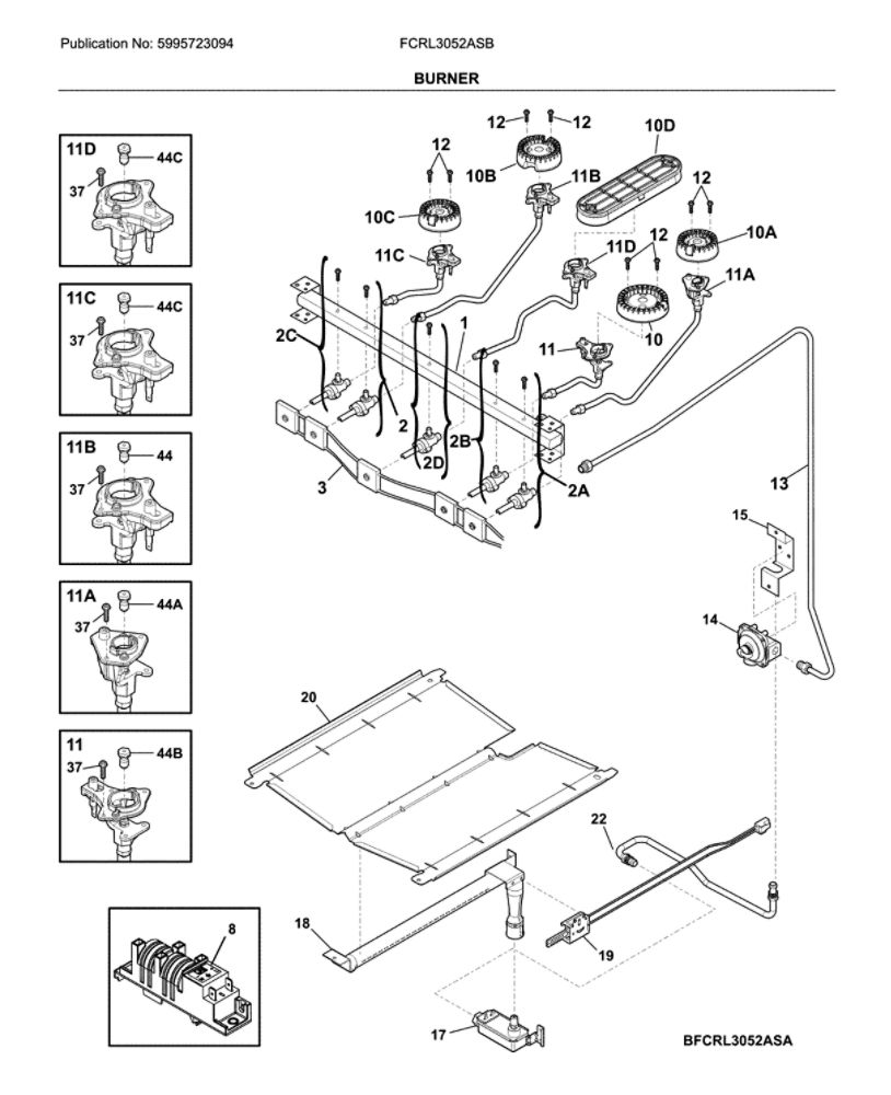 Burner Diagram and Parts List for FCRL3052ASB  Frigidaire Range