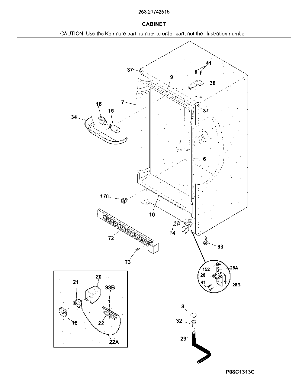 Cabinet Diagram and Parts List for 25321742515  Kenmore Freezer