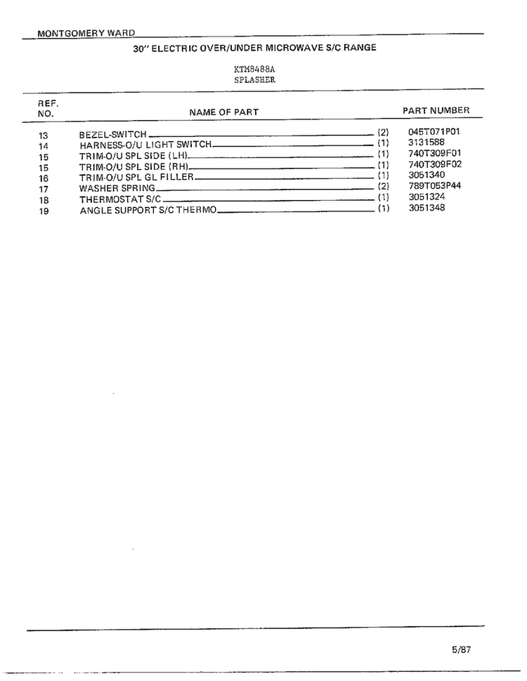 Splasher Page 2 Diagram and Parts List for 8488A  Frigidaire Range