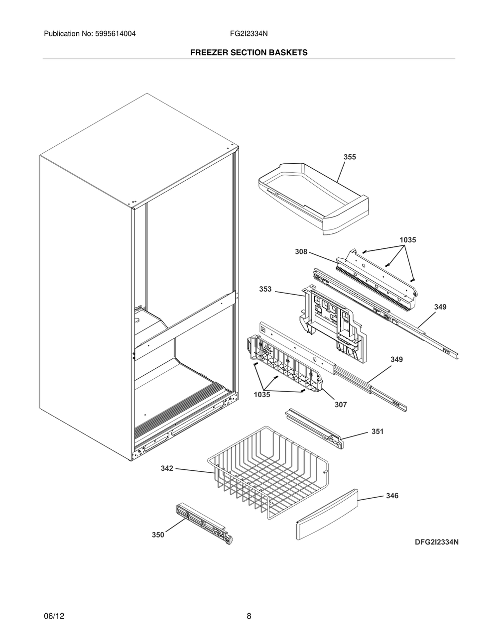 Freezer Section Baskets Diagram and Parts List for FG2I2334NE  Frigidaire Refrigerator