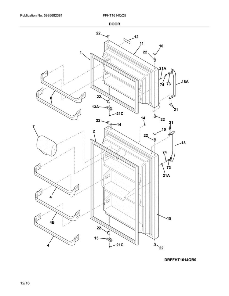 Door Diagram and Parts List for FFHT1614QQ5  Frigidaire Refrigerator