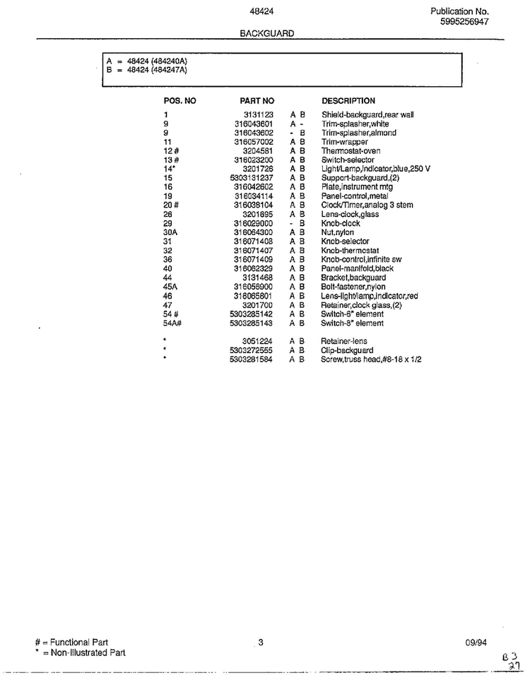 Backguard Page 2 Diagram and Parts List for 484240A  Frigidaire Range